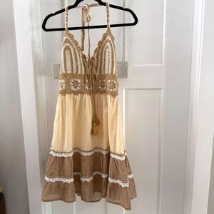 Zury Crochet Sequin Halter Mini Dress Beige Brown Boho Tiered One Size Festival